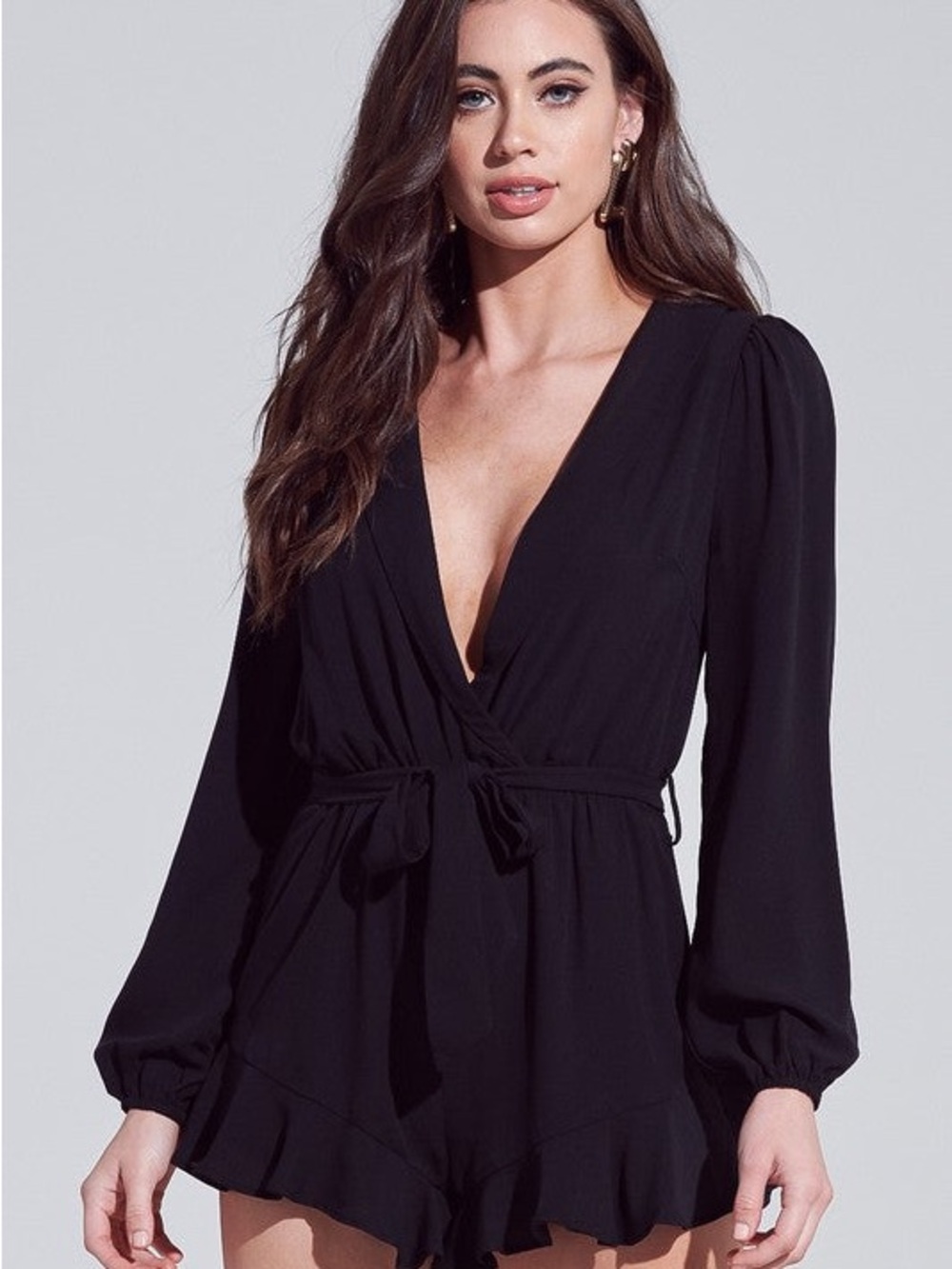 Showpo Black Deep-V Long Sleeve Tie-Waist Romper